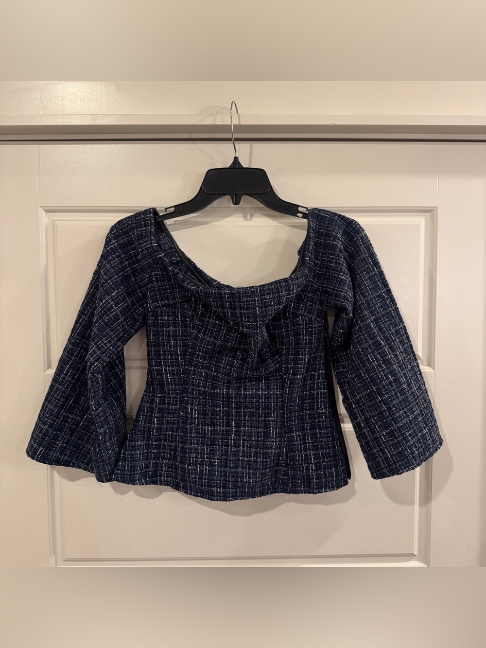 Zara Women's Blue Tweed Textured Off the Shoulder Top Long Sleeve Size XS New